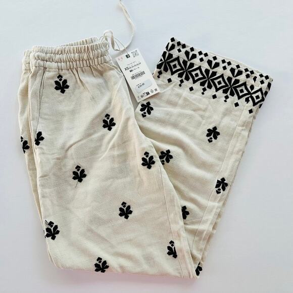 ZARA Embroidered Wide Leg Linen Blend Pant Cream Black NEW Size XS - Picture 2 of 5